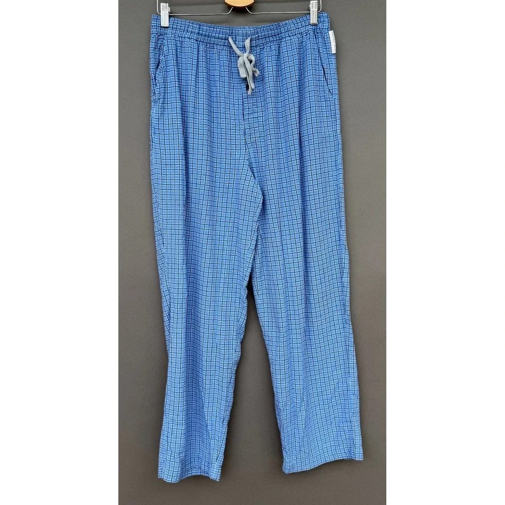 Geoffrey Beene Mens Pajama Pants Large Blue White Check 100% Cotton Lounge Sleep